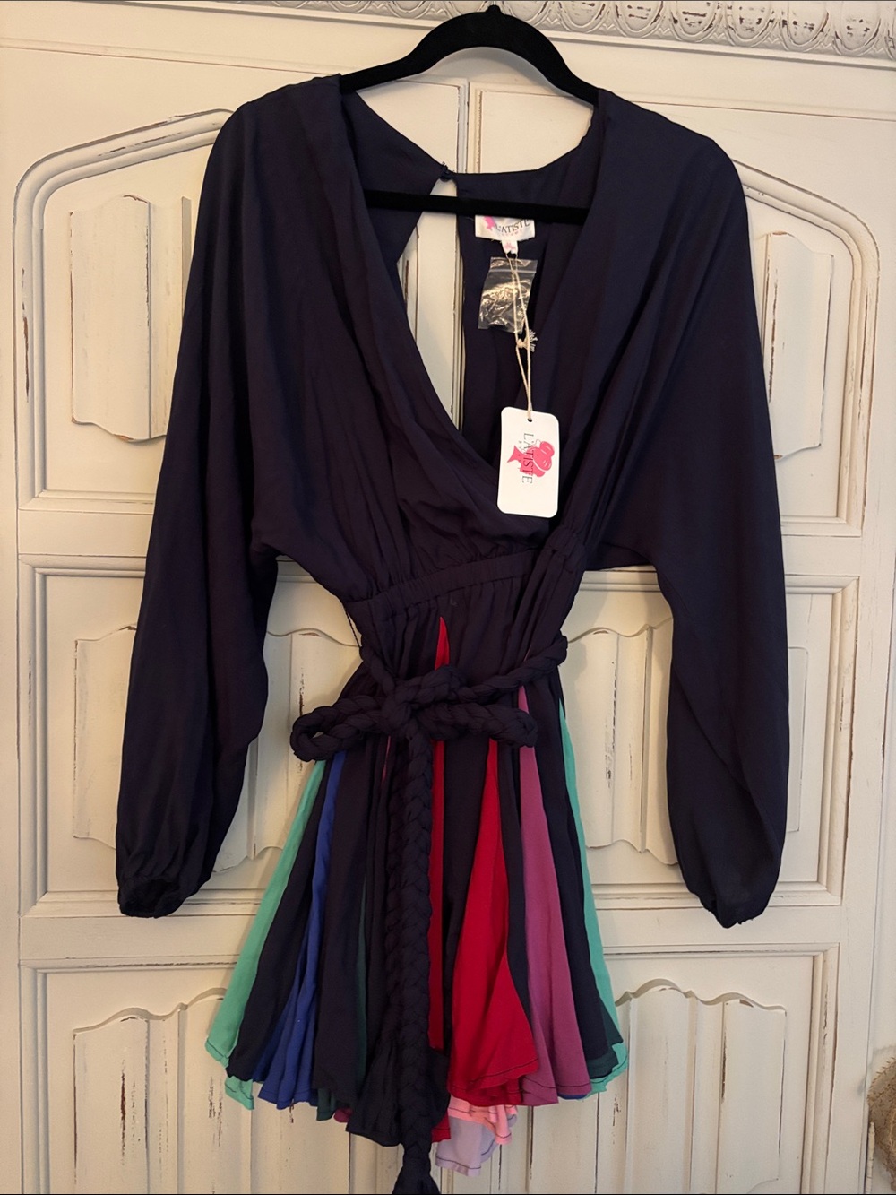 NWT Navy V-Neck Long Sleeve Dress with Multicolor Pleated Skirt